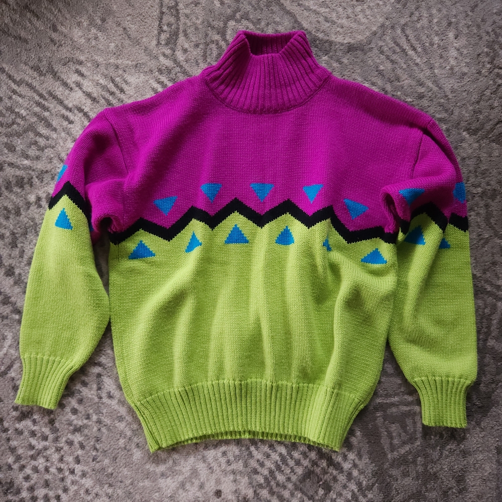 Vintage Profile Geometric Colorblock Turtleneck 80s Ski Sweater — Ladies Medium